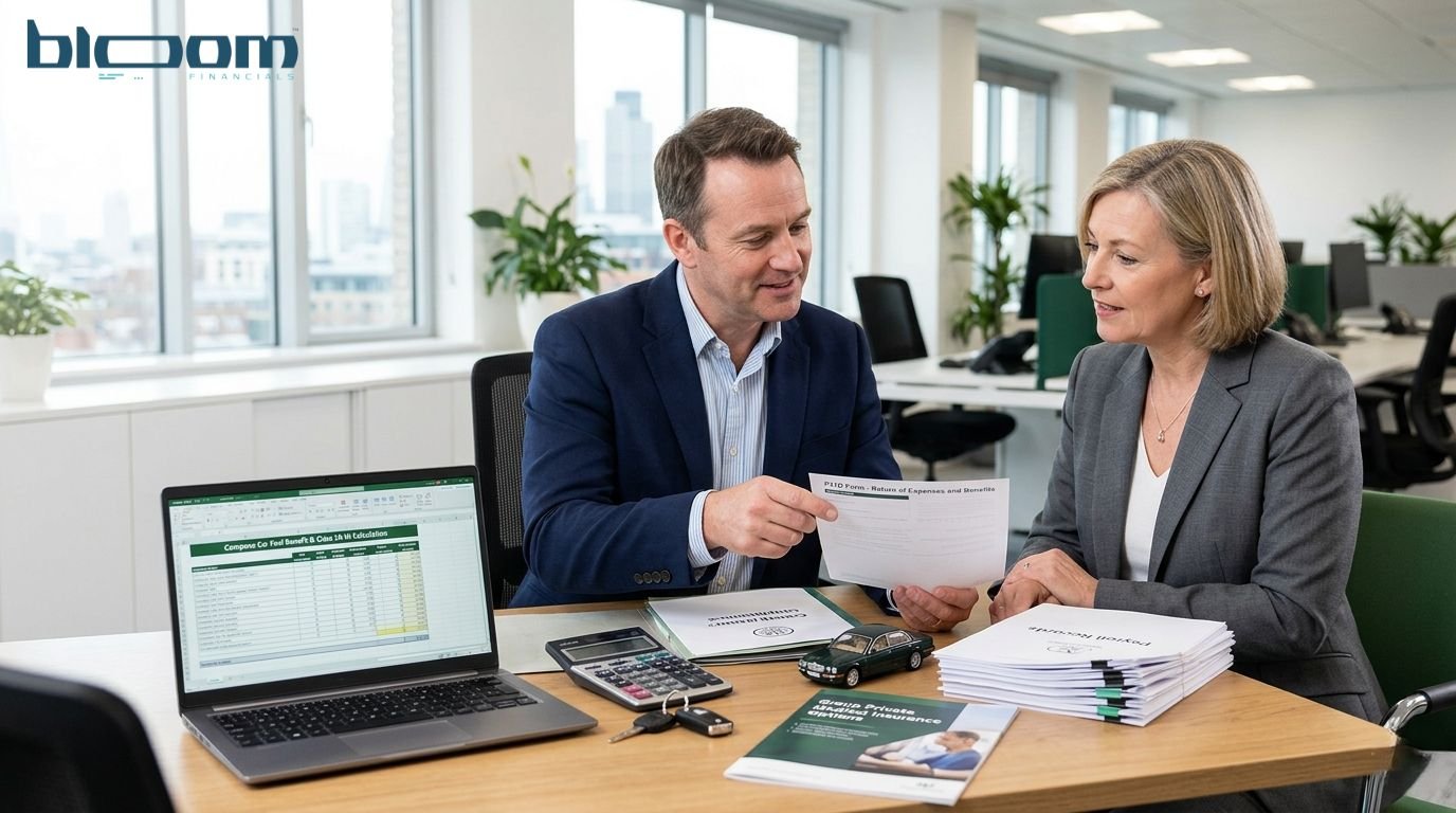 UK accountant explaining P11D value, benefit in kind and HMRC reporting to a company director