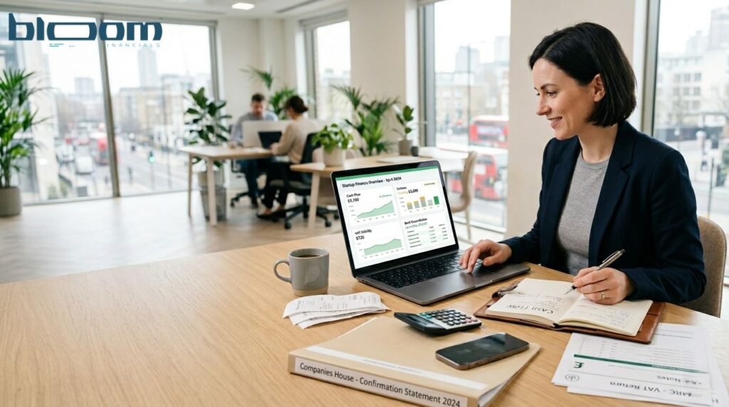 UK startup founder reviewing bookkeeping records, invoices and cash flow on accounting software