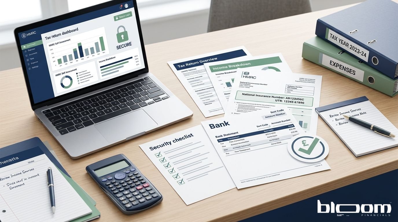 UK Self Assessment tax return security checks with accounting records, laptop, checklist and secure repayment verification