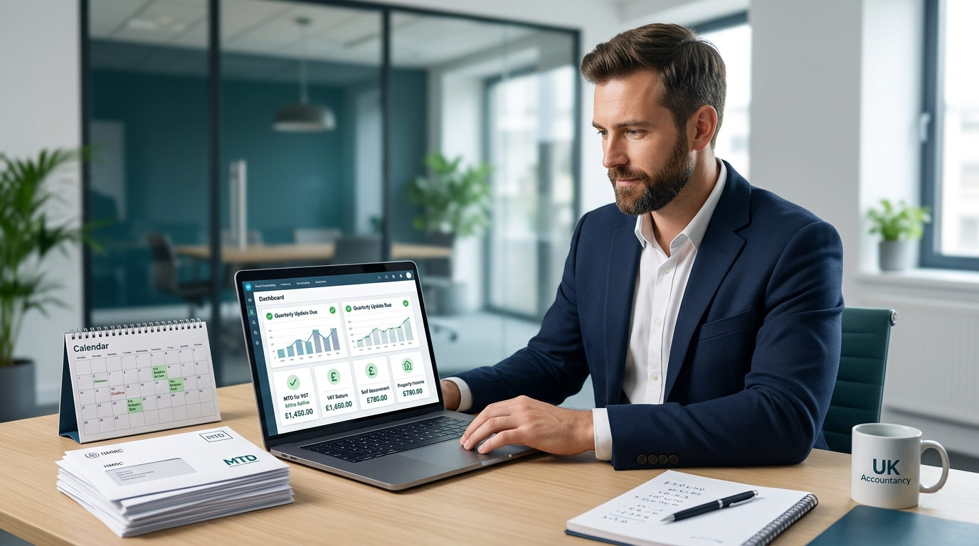 UK contractor reviewing Making Tax Digital records on accounting software for tax compliance.