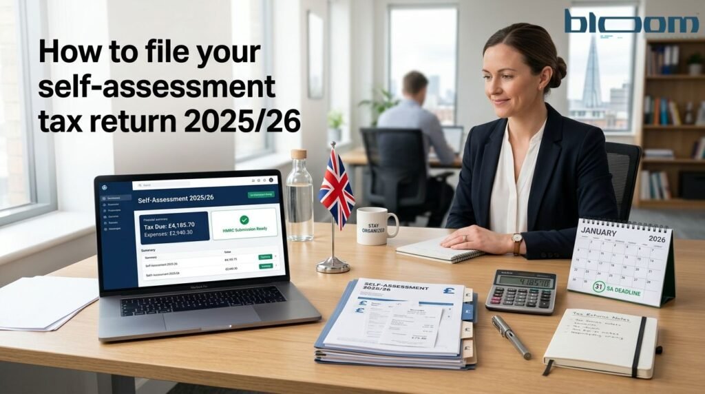 UK accountant preparing a Self Assessment tax return for the 2025/26 tax year with tax documents, calculator and laptop.