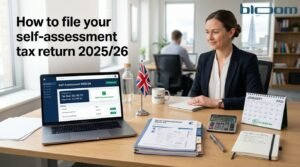 UK accountant preparing a Self Assessment tax return for the 2025/26 tax year with tax documents, calculator and laptop.