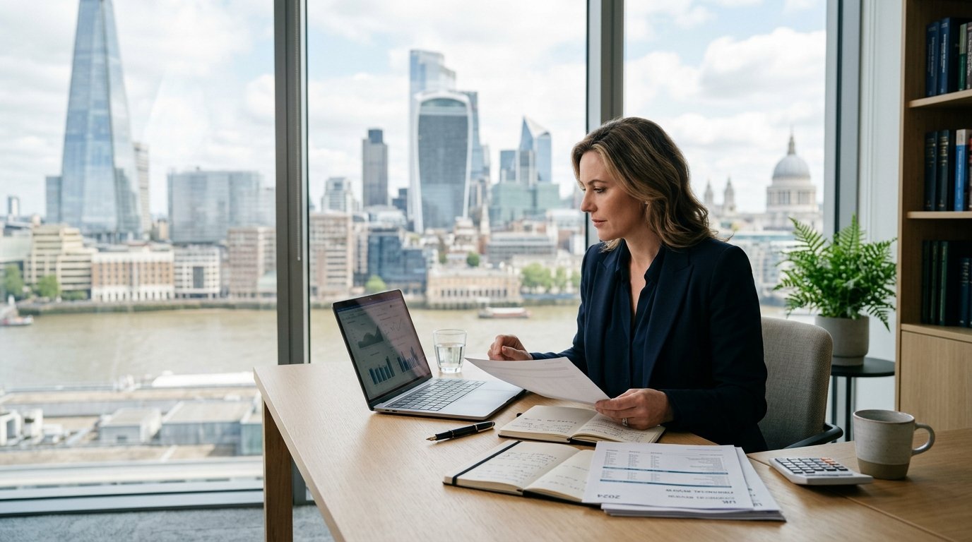 Limited-company director reviewing company finances in a London office